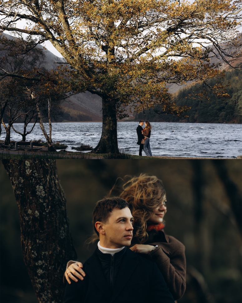 Dima & Kate — pine path portrait, Glendalough, Co. Wicklow