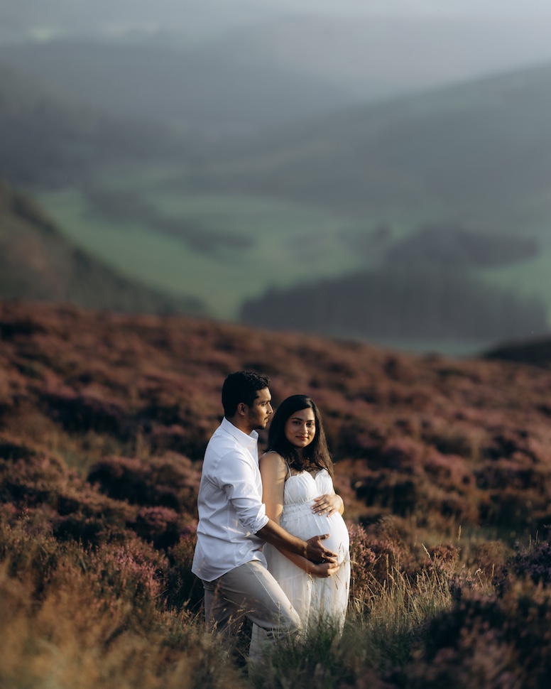 Rachita & Sid — maternity portrait above the clouds, Wicklow Mountains near Guinness Lake