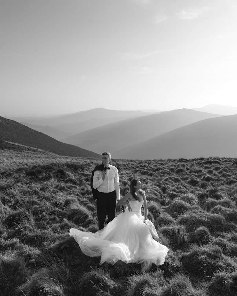 Elopement photography in the Wicklow Mountains — heather, cloud and open hillside