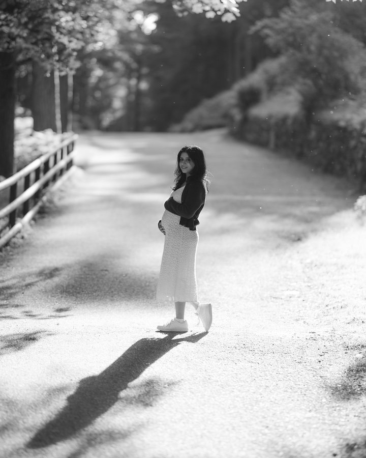 Sona & Chiragh — Glendalough maternity session, soft Wicklow light